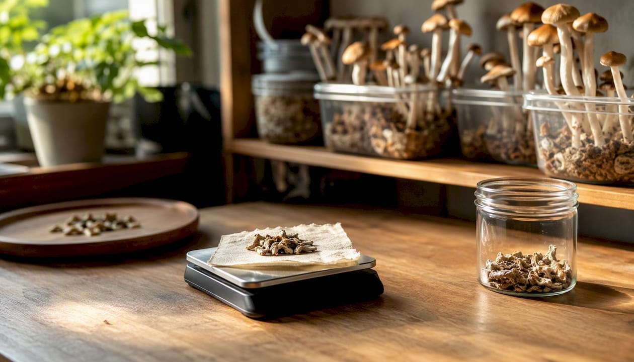 Scale measuring microdose of dried mushrooms