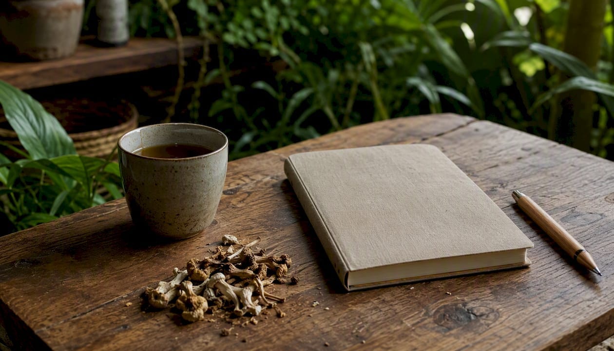 Creative workspace with dried mushrooms and notebook