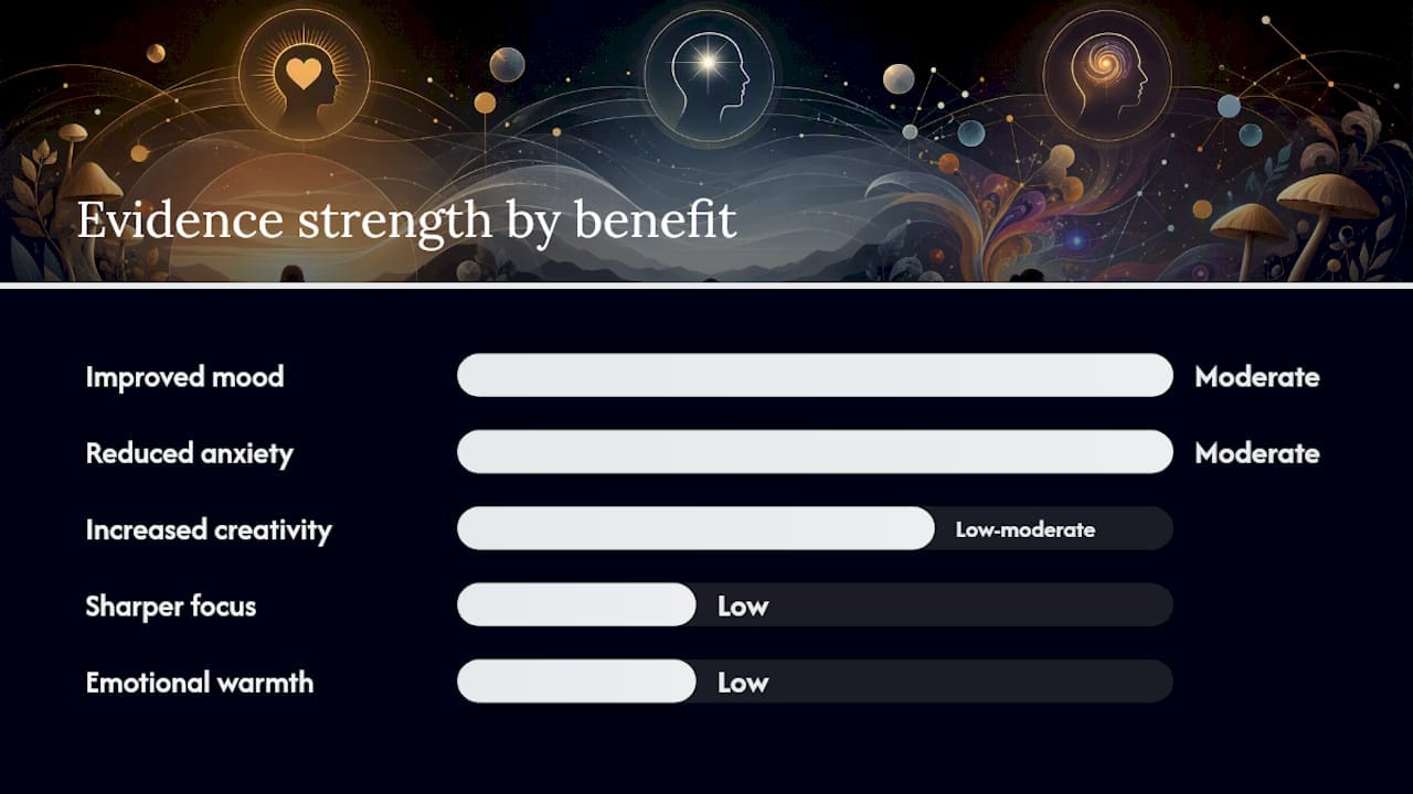 Diagram of Golden Teacher microdosing benefits by evidence strength