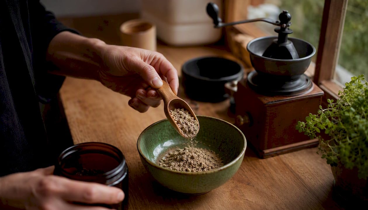 Hands measuring mushroom powder on milligram scale
