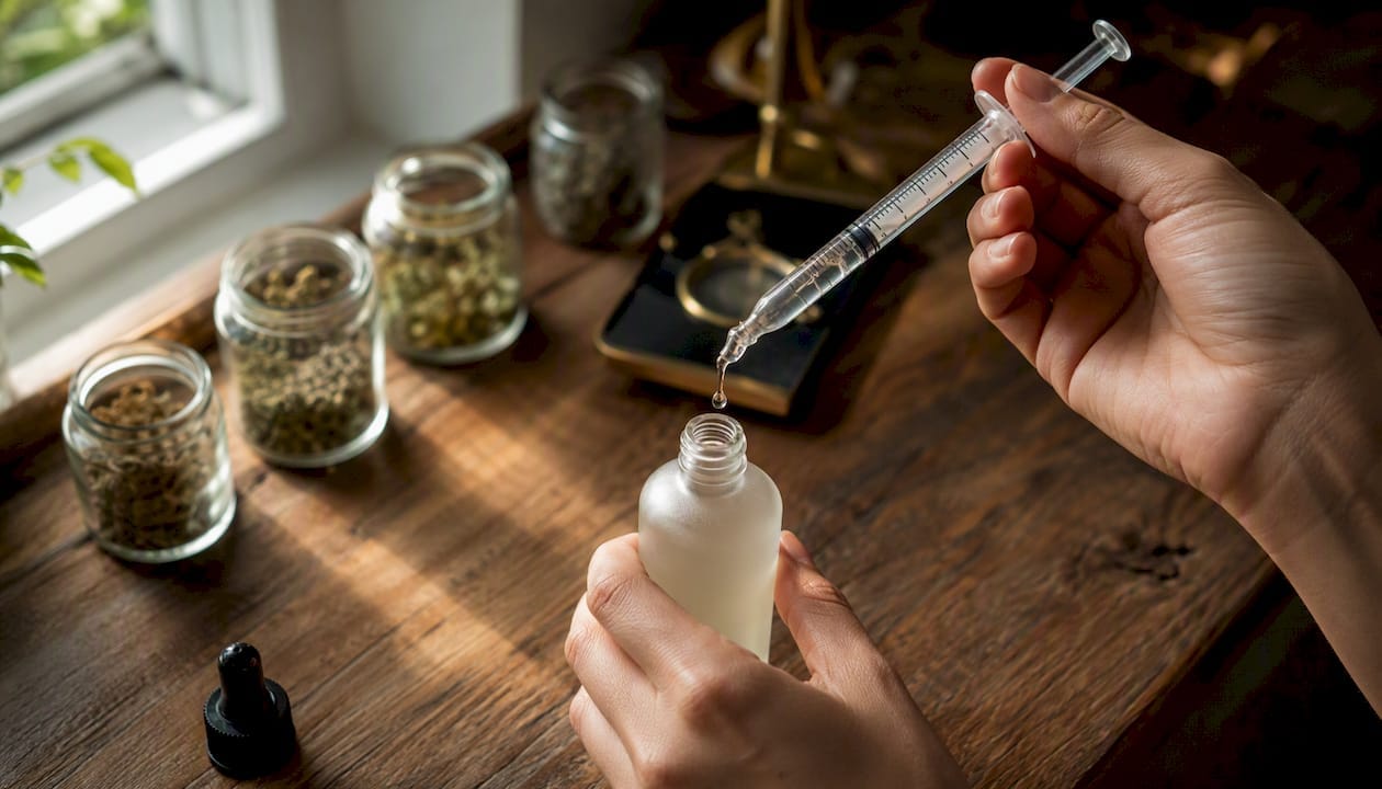 Oral syringe drawing liquid microdose from bottle