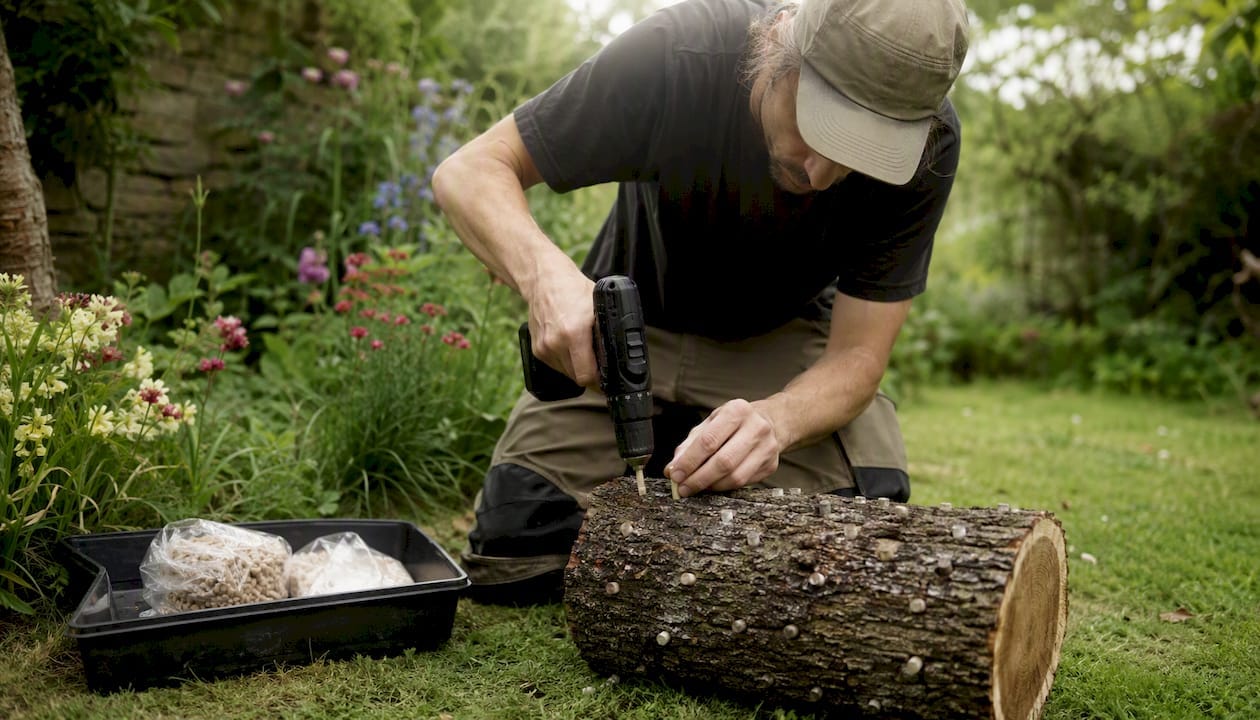 Hands inoculating outdoor reishi mushroom log