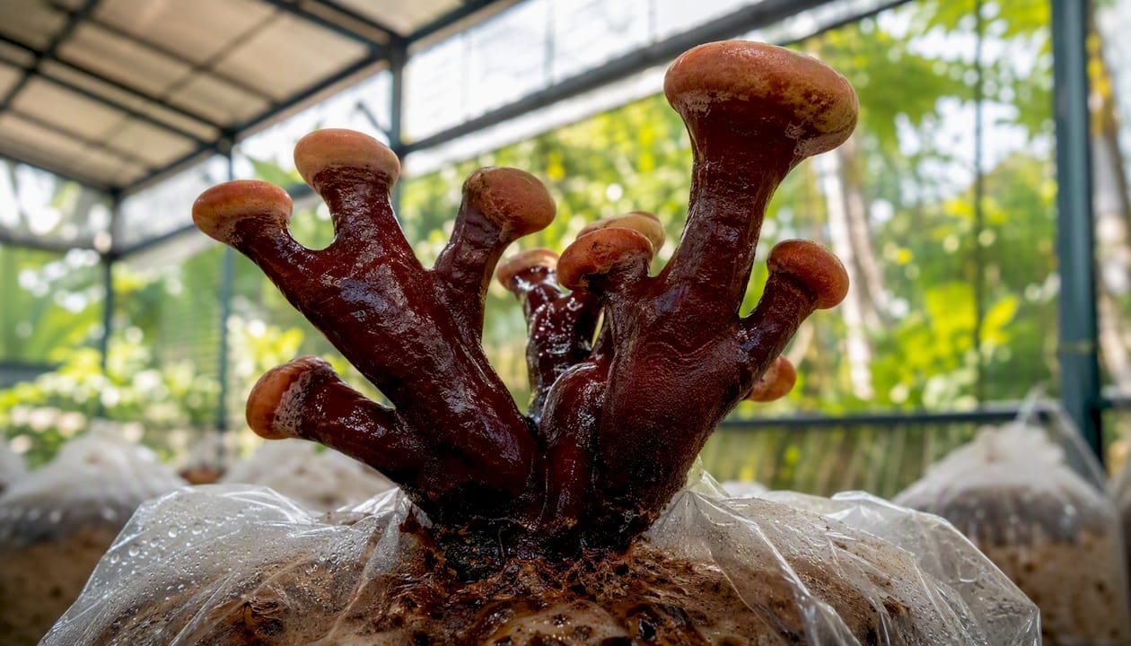 Reishi mushrooms showing antler growth on sawdust block