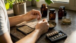 Hands measuring psilocybin powder on scale