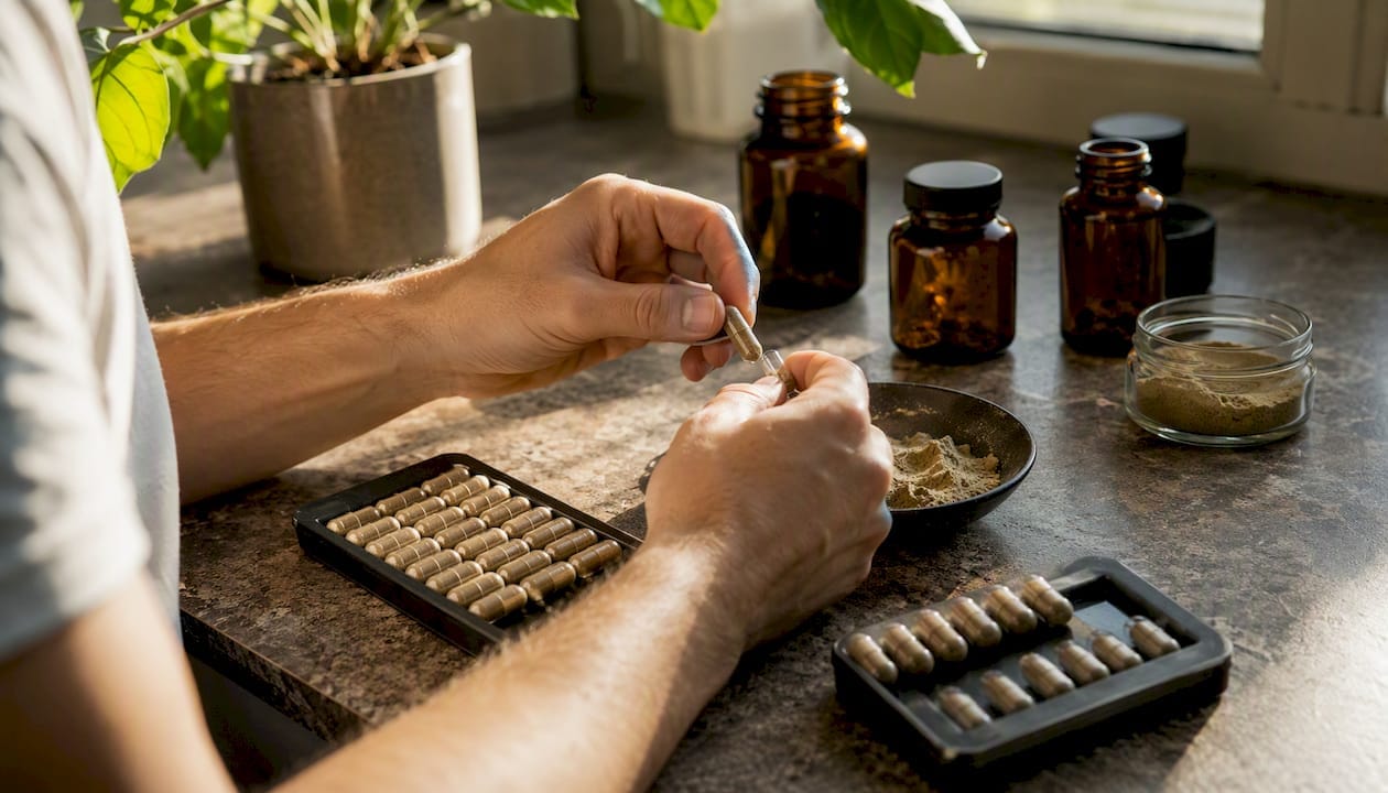 Hands measuring psilocybin powder on scale