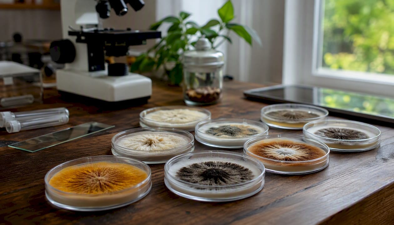 Mushroom spores on petri dishes in lab