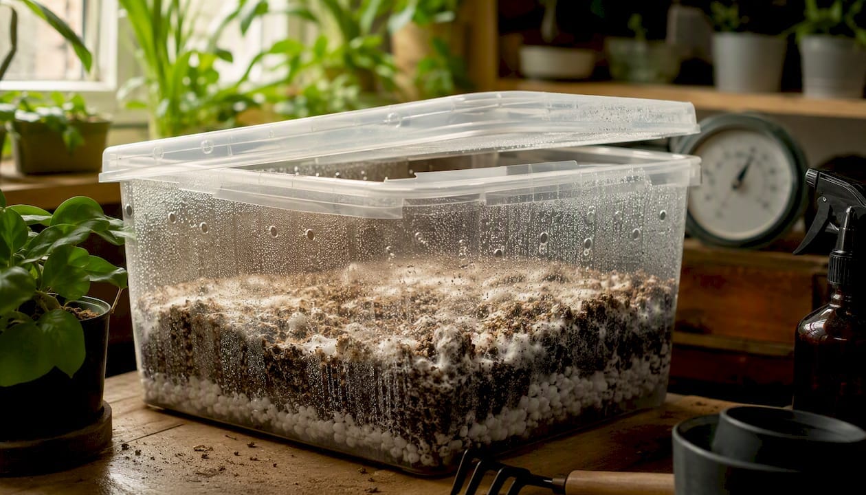 Plastic fruiting chamber with moist perlite bed