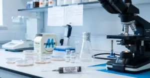 A clean, modern laboratory workbench with a professional microscope and other mycology research equipment, illustrating the high standards to look for when choosing a UK spore supplier for microscopy.