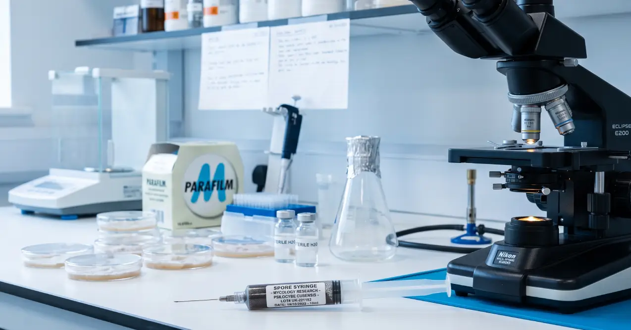 A clean, modern laboratory workbench with a professional microscope and other mycology research equipment, illustrating the high standards to look for when choosing a UK spore supplier for microscopy.