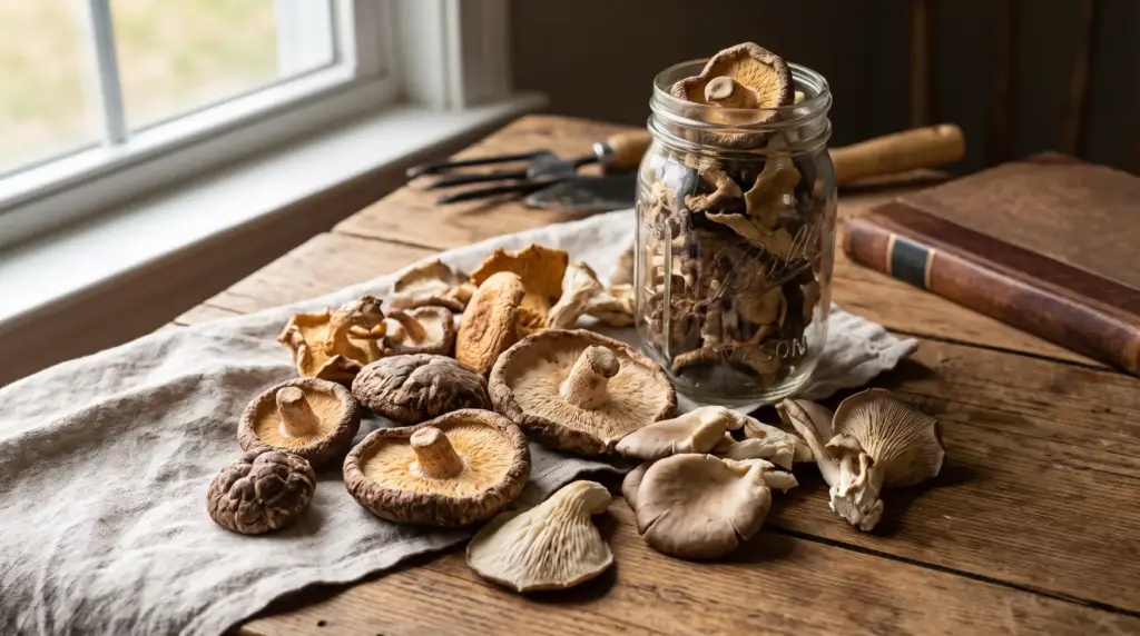 Assorted dried shiitake and oyster mushrooms arranged on a linen cloth next to a glass storage jar on a rustic wooden tabletop.