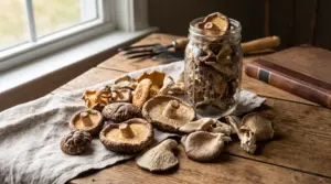Assorted dried shiitake and oyster mushrooms arranged on a linen cloth next to a glass storage jar on a rustic wooden tabletop.