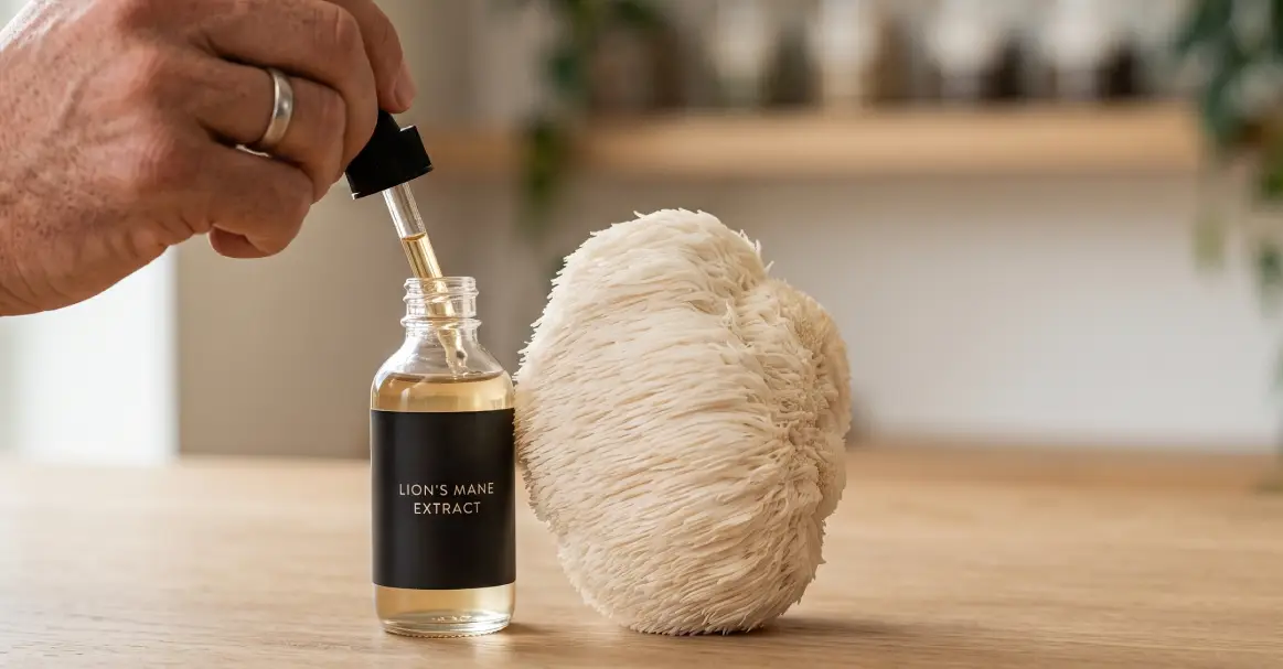 Close-up of a hand with a silver wedding ring using a glass dropper to add liquid Lion's Mane extract into a small amber bottle on a light wood surface, next to a large, whole Lion's Mane mushroom.