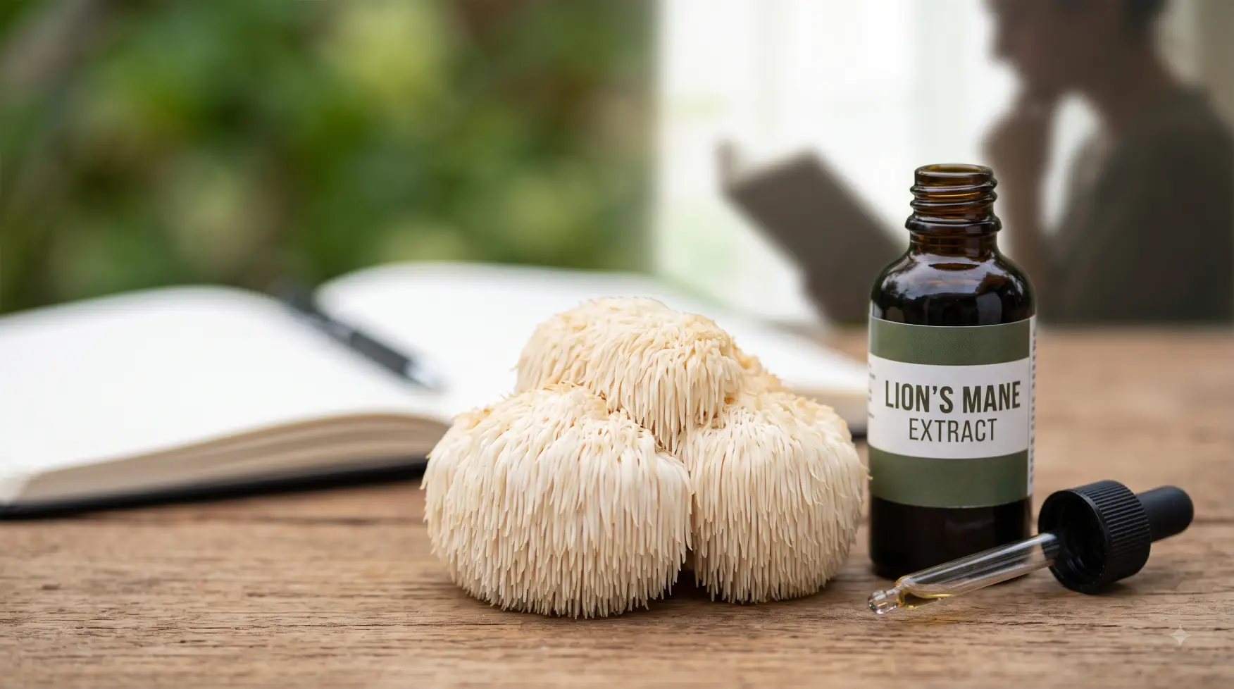 A close-up of fresh white Lion's Mane mushroom beside an amber liquid extract tincture bottle on a wooden table, with an open notebook and a person reading blurred in the background