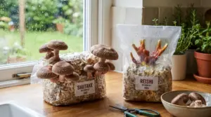 Shiitake and Reishi mushroom grow kits side by side on a wooden kitchen worktop in a UK home. On the left, mature Shiitake mushrooms sprout from an open block.