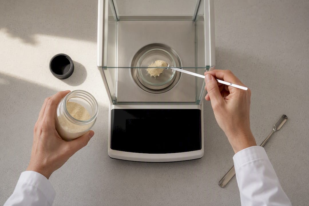 Hands weighing agar powder on balance