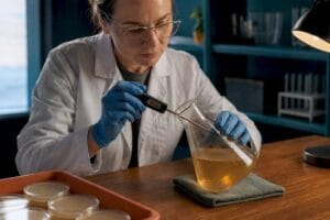 Educator checking cooling agar temperature