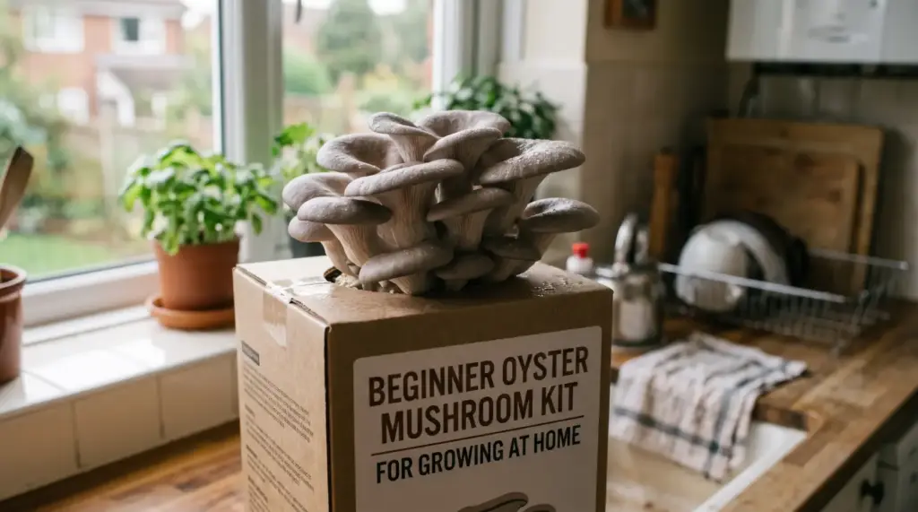 A beginner oyster mushroom growing kit fruiting indoors on a UK kitchen windowsill with a spray bottle misting water nearby.