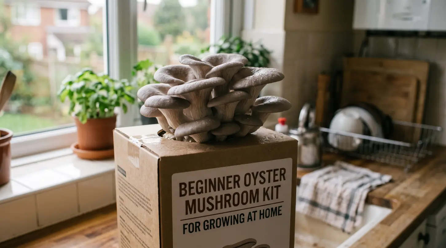 A beginner oyster mushroom growing kit fruiting indoors on a UK kitchen windowsill with a spray bottle misting water nearby.