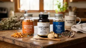A clean kitchen counter displaying three supplement jars and raw samples of Lion's Mane, Cordyceps, and Turkey Tail functional mushrooms for a daily health stack.