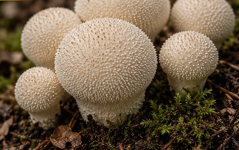 Common Puffball - UK mushroom identification quiz answer Common Puffball (Lycoperdon perlatum), AI-generated illustration