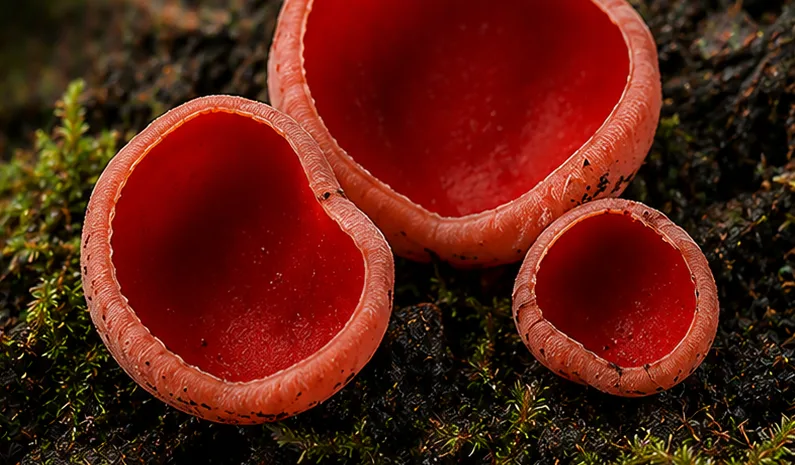 Scarlet Elf Cup - UK mushroom identification quiz answer Scarlet Elf Cup (Sarcoscypha austriaca), AI-generated illustration