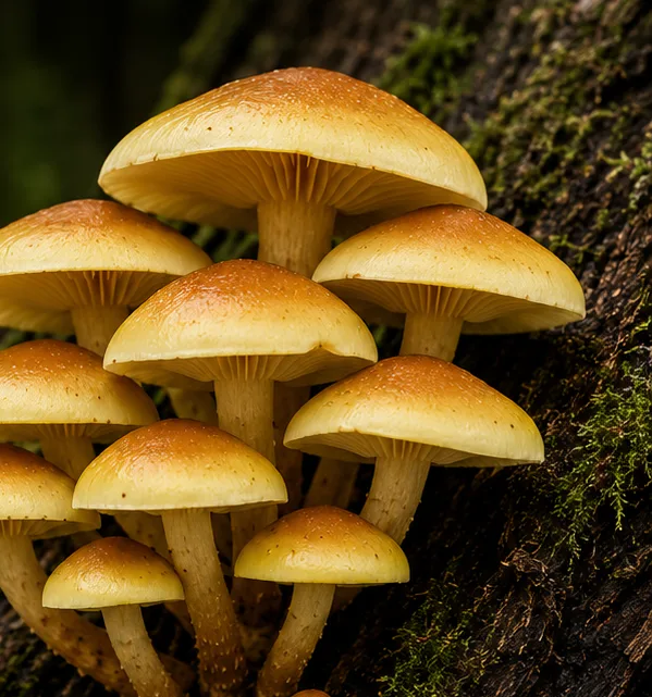 Sulphur Tuft - UK mushroom identification quiz answer Sulphur Tuft (Hypholoma fasciculare), AI-generated illustration