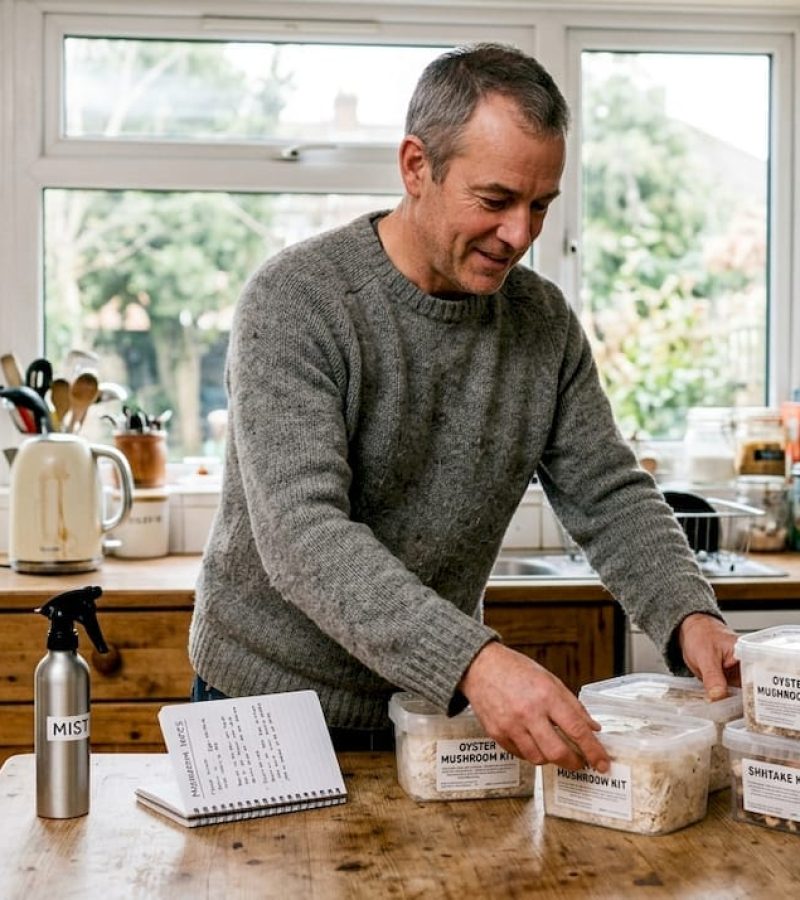 Mushroom cultivator setting up home kitchen