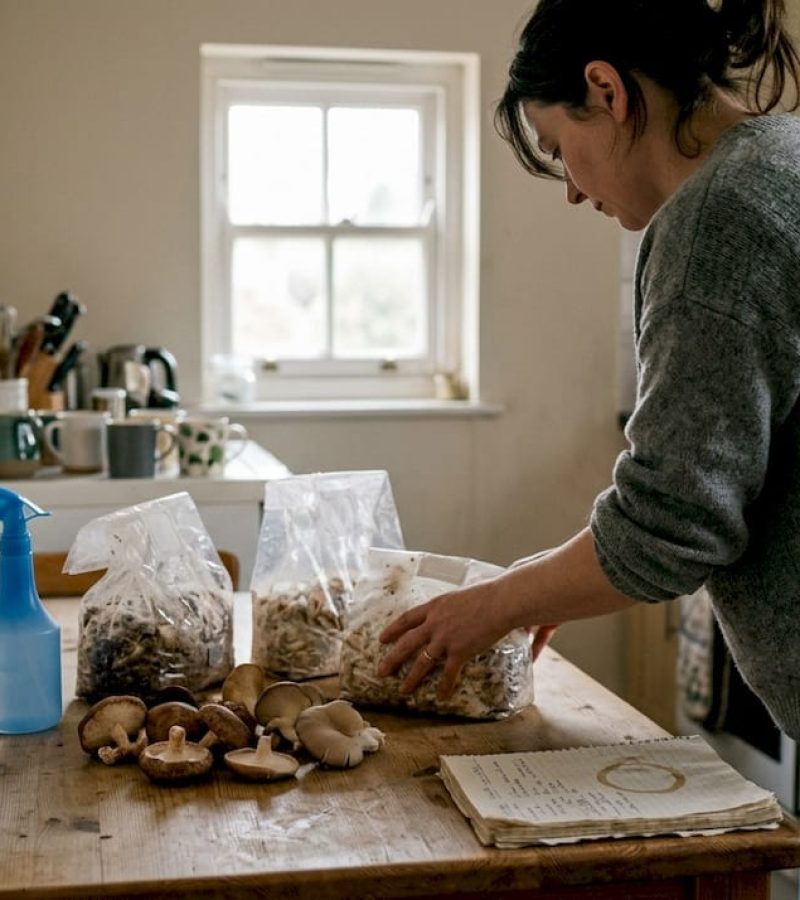 Preparing mushroom kits on kitchen table