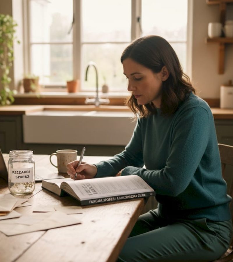 Woman studying legal mushroom spores guide at kitchen table