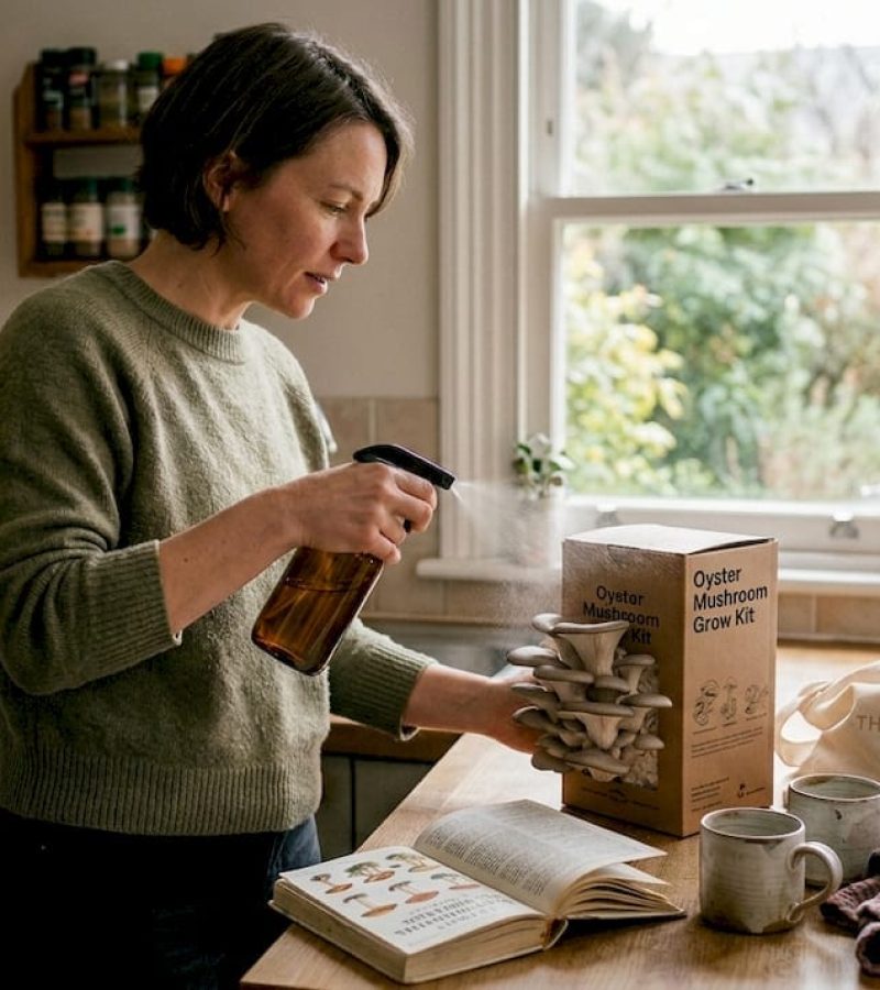 Woman misting an oyster mushroom grow kit on a kitchen counter, with an open book about mushrooms and coffee mugs nearby, illustrating home mushroom cultivation.