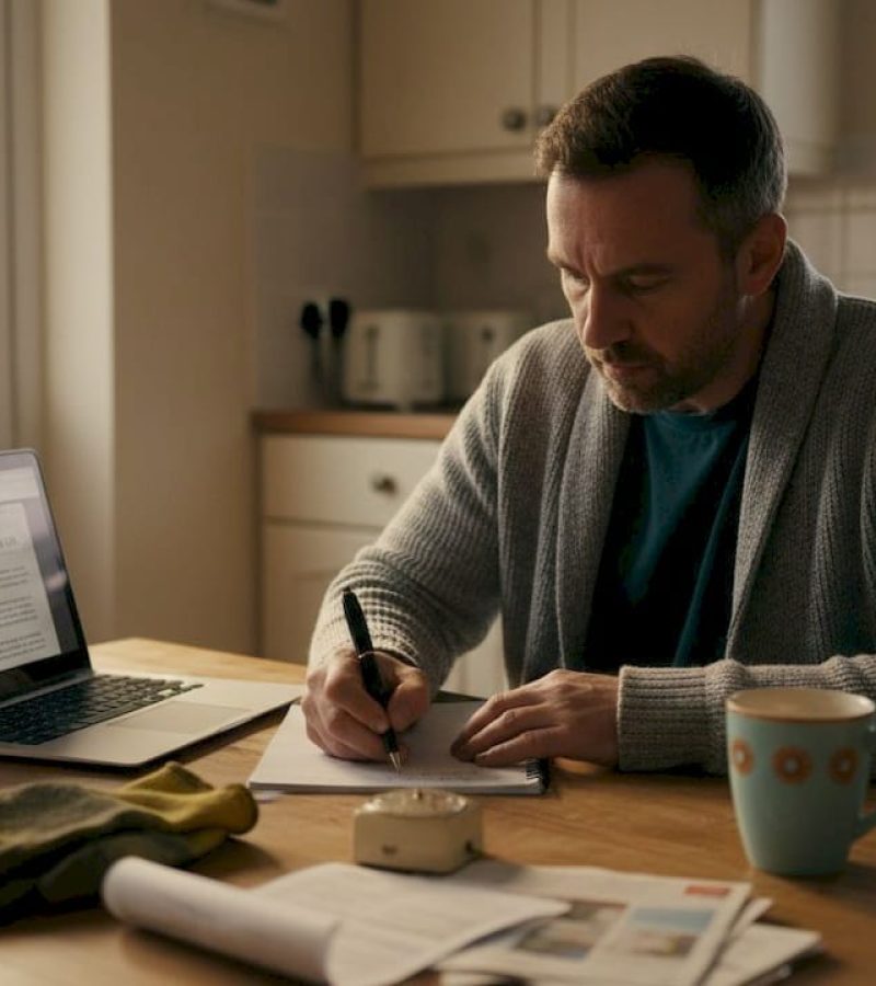Man writing in notebook at kitchen table with laptop, coffee cup, and papers, illustrating a home-based work or study environment.