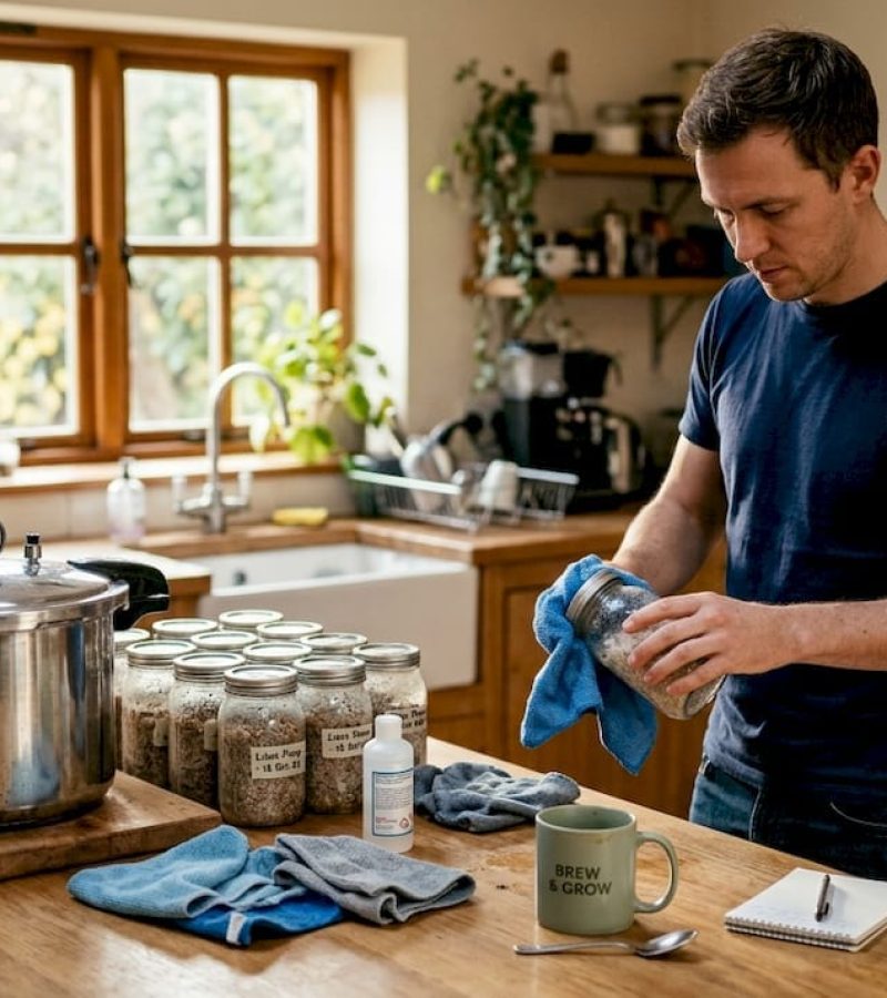 Man preparing mushroom sterilisation jars in a home kitchen, with jars labelled for cultivation, a pressure cooker, and a mug reading "Brew & Grow" on the table.