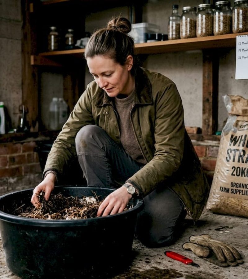 Home grower preparing mushroom substrate in garage