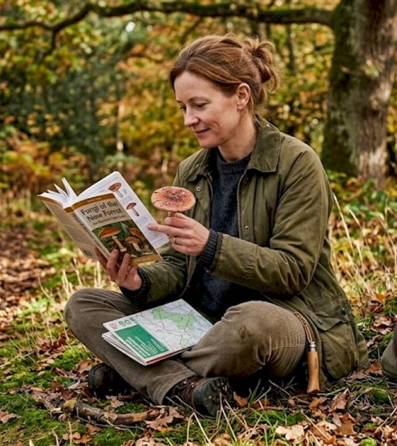 Woman studying mushroom guide in autumn woods