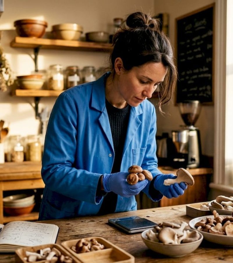 Scientist examining mushrooms in lab kitchen