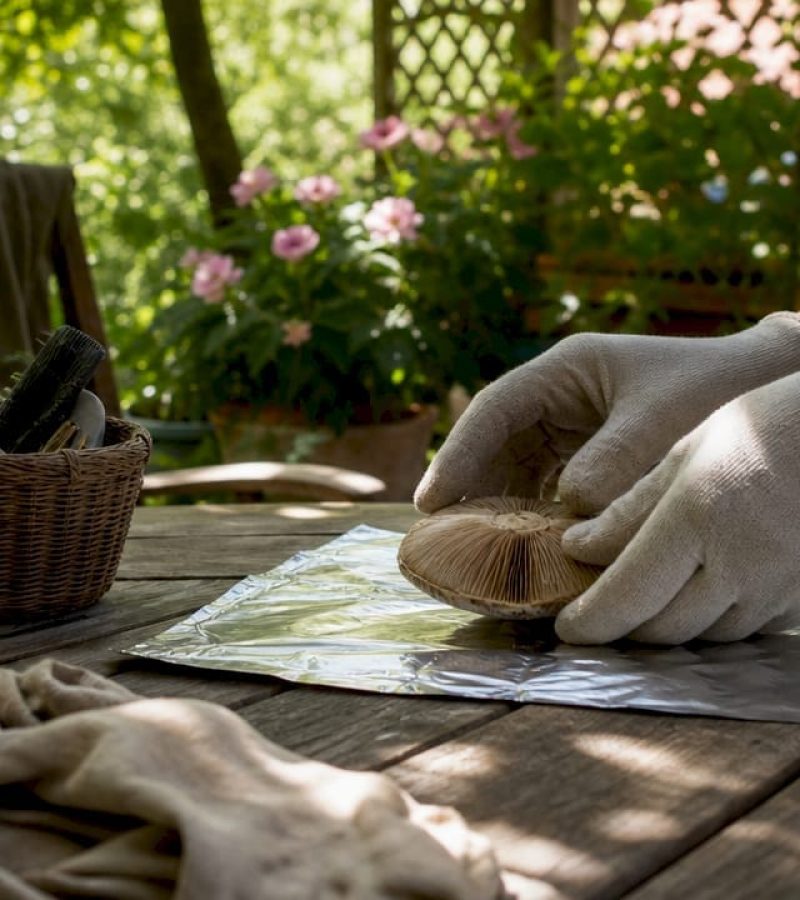 Hands placing mushroom cap on foil for spore harvest