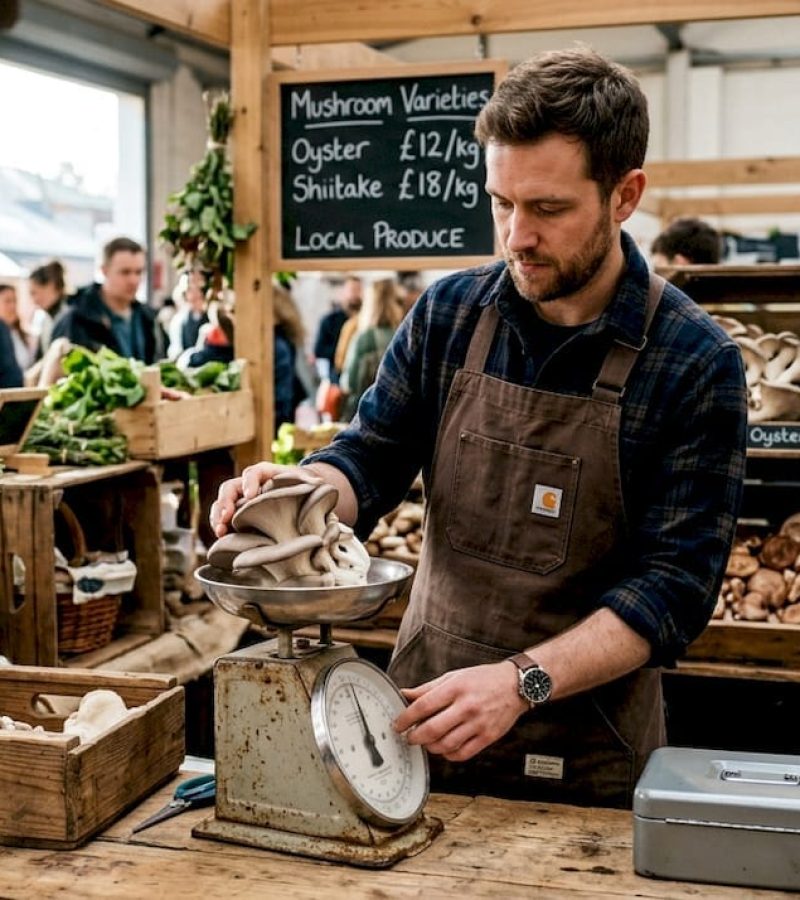 Grower weighing fresh mushrooms on scale