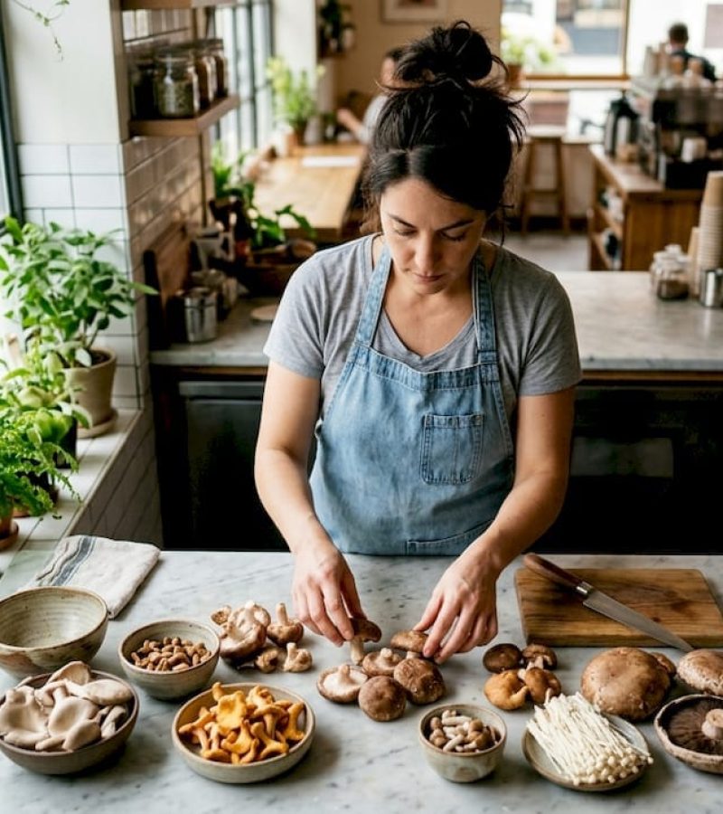 Chef sorting fresh edible mushrooms on kitchen island
