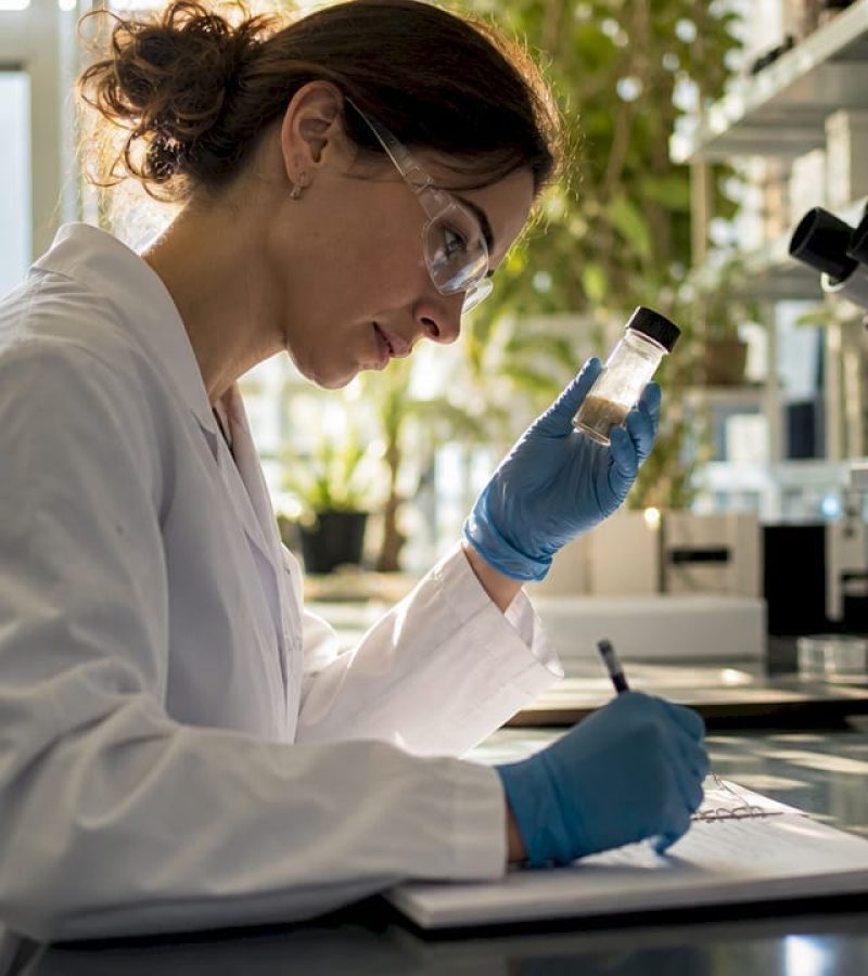 Scientist examining psilocybin vial in lab