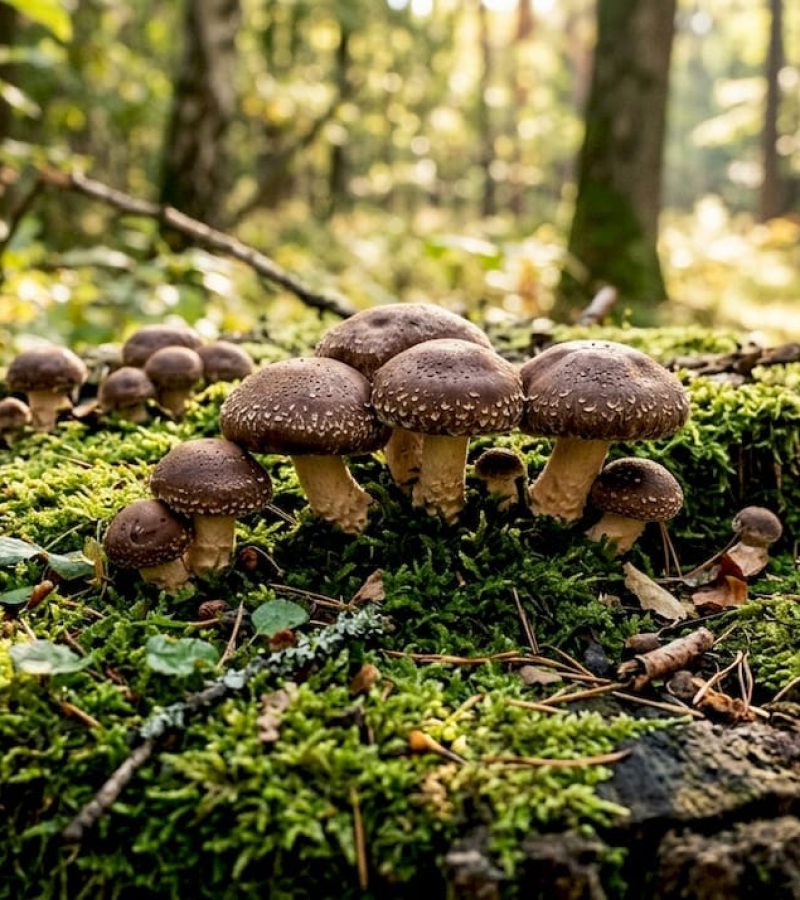 Close-up of shiitake mushrooms growing on log