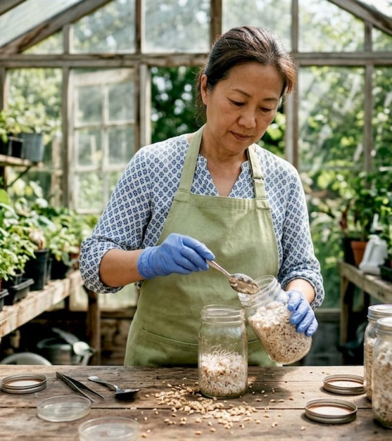 Woman expanding mushroom spawn grains in cultivation room