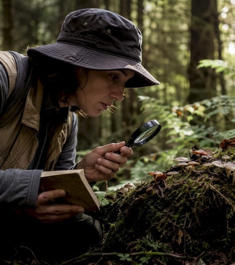 Mycologist examining mushroom fruiting bodies in forest