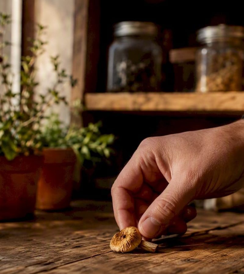 Hand holding dried Golden Teacher mushroom cap
