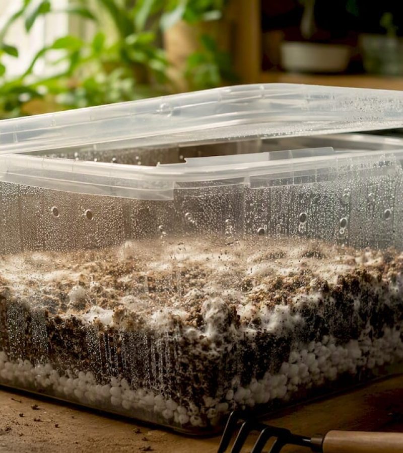 Plastic fruiting chamber with moist perlite bed