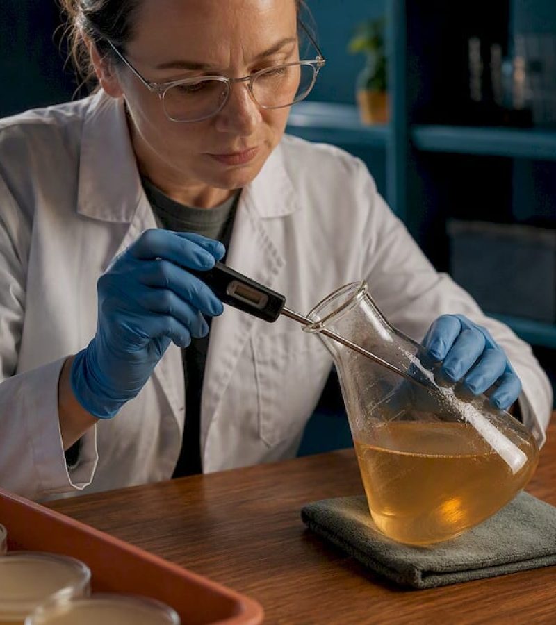 Educator checking cooling agar temperature