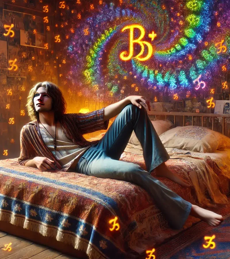 A person in a vintage-style room experiencing a psychedelic visual surrounded by swirling patterns and symbols, representing the mystical history of the B+ spores strain.