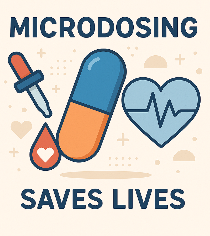 How to microdose mushrooms, Microdosing for anxiety and depression, picture promoting health benefits of microdosing magic mushrooms. Features a blue and orange capsule, a heart symbol with a heartbeat line, a dropper, and a heart-filled droplet. Text reads 'Microdosing Saves Lives,' reflecting the growing awareness of how to microdose mushrooms for mental health. Emphasizes the benefits of microdosing psilocybin and encourages developing a psilocybin microdosing schedule.