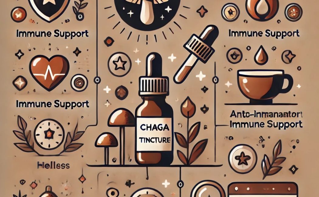 Chaga mushroom Tincture benefits with icons for immune support, heart health, inflammation relief, and antioxidant support. Includes dropper bottle, shield, cup, heart, and mushroom visuals.