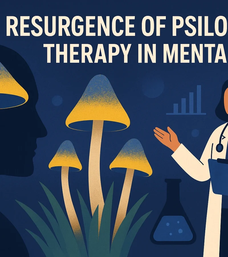 Illustration of a doctor and glowing magic mushrooms symbolizing the resurgence of psilocybin therapy, microdosing psychedelics, and discussion around the legal status of psychedelics.