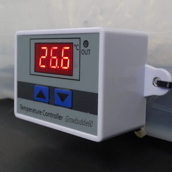 A Growbuddie60 Digital temperature controller displaying 26.6°C, used to regulate environmental conditions in mushroom grow kits and other mycology setups.
